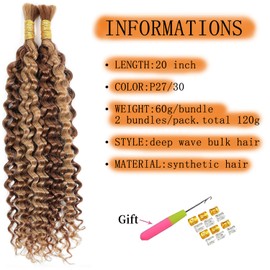 TAOYEMY Deep Wave Bulk Braiding Hair 20 Inches 120 g (1 Pack - 2 Bundles) Bundled Mixed Hair for Braiding Hair No Weft Boho Braids Wet and Wavy Synthetic Hair Extensions (P27/30#, 20 Inches)