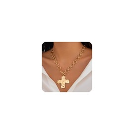Gold Chunky Cross Hammered Pendant Necklace Vintage Large Crucifix Choker Necklaces Trendy Toggle Costume Jewelry Non Tarnish Accessories for Women (Gold)