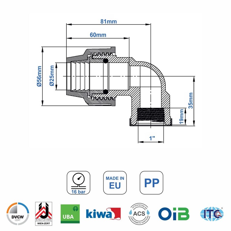 SmartProduct PP Angle 90 Degree with Internal Thread 25 mm
