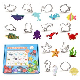 12 Pcs Ocean Creatures Cookie Cutters, Dolphin, Crab, Clownfish, Octopus, Seahorse, Starfish, Jellyfish, Seashell, Shark, Seaweed Stainless Steel Cookie Cutters for Baking (Sea Animals)