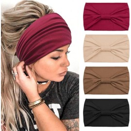 ETHEL Wide Headbands for Women, Non Slip Turban Fashion Hair Bands Sweat-Absorbent Headwrap Solid Color Hair Accessories Yoga Sports Head Bands Multicoloured Headband Elastic Hair Bands, 4 Pcs