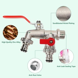 Universal Garden Tap 1/2 Inch [+ 3/4 Inch Adapter], Frost-Proof Double Garden Tap Outdoor, with 2 x Free Hose Connections, 2 x Roller Sealing Tape, Double Connection and Hose Nozzle Green