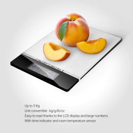 Venga! High precision Digital Kitchen Food Scale, weighs up to 5kg in steps of 1 g, Stainless Steel Cover, With Ambiance Temperature Sensor and Clock, Black/Stainless Steel, VG EKS 3000