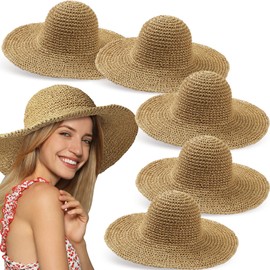 Bonuci 6 Pcs Floppy Paper Straw Sun Hat Foldable Packable Wide Brim Scarecrow Hat Breathable Crochet Bucket Beach Hat(Khaki,Classic)