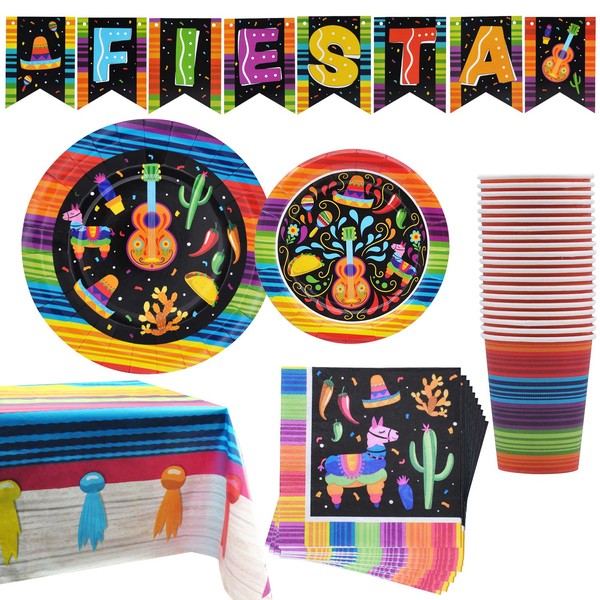 82 PCS Mexican Themed Fiesta Party Supplies Set Including Plates, Cups, Napkins, Tablecloth and Banner for Mexican-Themed School Dance, Cinco de Mayo, and Fiesta Themed Party