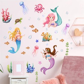WOHAHA Mermaid Wall Stickers Ocean Fish Wall Decals Jellyfish Coral Under The Sea Animals Wallpaper Girls Bedroom Bathroom Wall Decor DIY Peel and Stick Removable Waterproof Wall Decoration Art