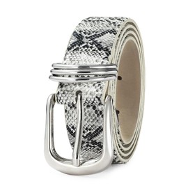 RISANTRY Women's Snakeskin Belt with Silver Buckle Elegant White Leather Ladies Waist Belt for Dress & Casual Wear