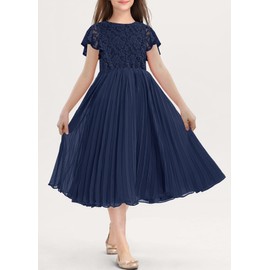 HOSIKA Girls Chiffon Flutter Sleeves A line Ruffle Lace Flower Girl Dresses for Wedding Pageant for 10-11 Years Navy Blue L