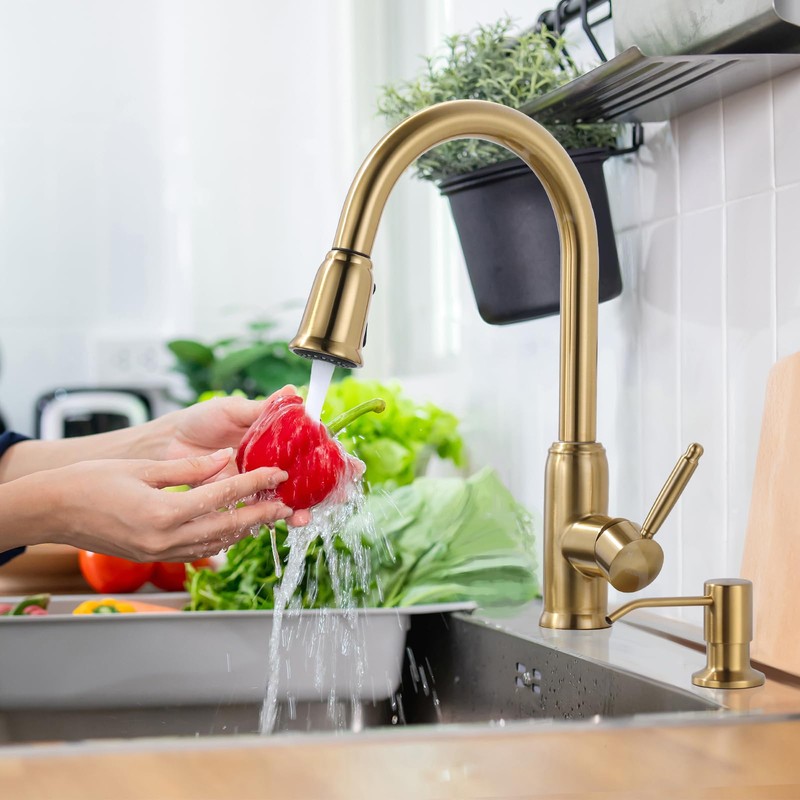 Gold Kitchen Faucet with Soap Dispenser, WOWOW Stainless Steel Kitchen