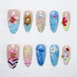 Summer Ocean Press on Nails Medium Almond French Tip Fake Nails 3D Colorful Flowers False Nails with Pearl Gold Beads Charms Design Acrylic Nails Turtle Starfish Seashell Glue on Nails for Women 30Pcs