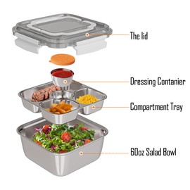 WWMFS Salad Container Stainless Steel All-in-one, 60-oz Salad Bowls with 3-Compartment Bento-Style Tray, Salad Dressings Container with Lid for Salad Toppings, Snacks, Dishwaser Safe