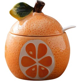 KEMAXI Ceramics Fruit Shaped Sugar Bowl Salt Pot Pepper Storage Jar with Lid and Spoon Seasoning Box Condiment Pots (Orange Pomelo)