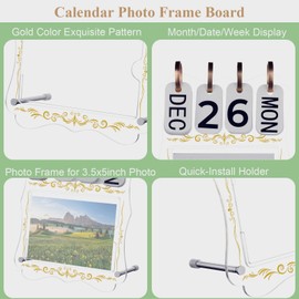 Beautyflier Desk Calendars with Picture Frame, Month Date Desktop Calendar, Standing Flip Calendar, Perpetual Desk Calendar, Acrylic Calendar Board for Home Office Desk, Rustic Decoration (Clear)