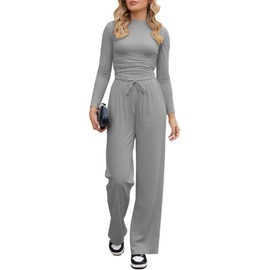 Nimsruc Womens 2 Piece Lounge Sets 2025 Ruched Long Sleeve Tops Wide Leg Pant Sets Tracksuit Autumn And Winter Grey XL