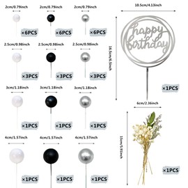 35 mini bolas coloridas para decoración de tartas, decoración de tartas, decoración de tartas acrílicas, flores secas artificiales para decoración de tartas para bodas, aniversarios, baby shower, fiestas de cumpleaños (blanco, plateado y negro)