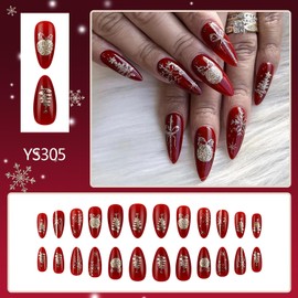 Christmas Press on Nails Almond Shaped Glossy Full Cover Acrylic Medium Almond Winter False Nails with Xmas Designs Artificial Holiday Fake Nails with Glue ons Fingernails for Women Girls(YS305)
