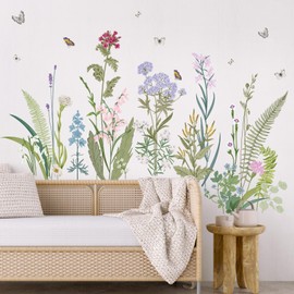 SHUCHING Colorful Wildflower Wall Decals Peel and Stick, Vinyl Olive Green Grass Wall Sticker, Wall Decor Art Home Decoration for Living Room Bedroom