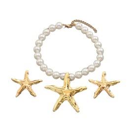 HWJQ 2 Pcs Big Starfish Necklaces Earrings Set Large Starfish Pearl Choker Necklace Chunky Sea Star Dangle Earring for Women Summer Vacation Jewelry Gifts, Middle, Alloy Steel, No Gemstone
