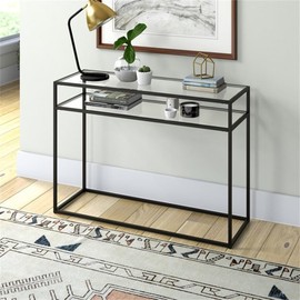Henn&Hart 42" Wide Rectangular Console Table with Glass Shelf in Blackened Bronze, for Home, Living Room, Bedroom, Entertainment Room, Office