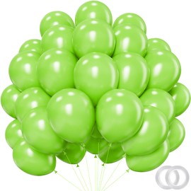 PatiCool Lime Green Balloons - 12 inch 100pcs Latex - Round Light Green Birthday Balloons with 2 Ribbons, Helium Neon Green Balloons for Birthday Dinosaur Jungle Christmas Party Decorations