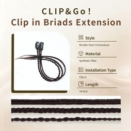 6 PCS Clip in Braid Hair Extensions 14 Inch Synthetic Boho Braided Hairpieces Clip on Viking Braids Hair Extensions for Women Girls Daily Party Festival Black Brown