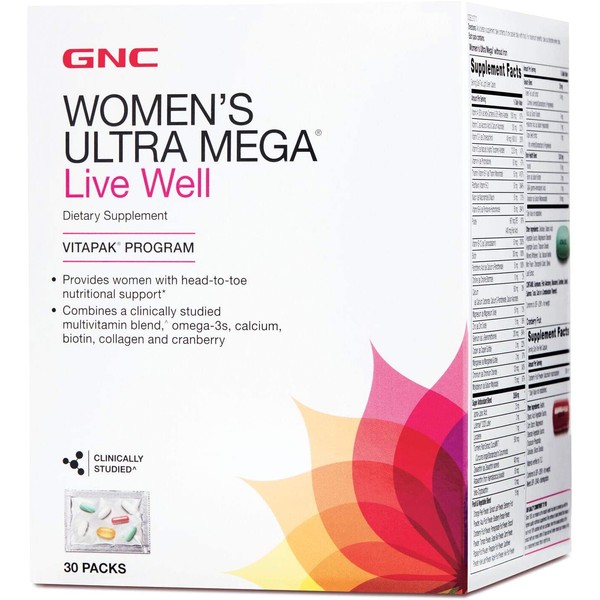 GNC Women's Ultra Mega Live Well Vitapak, 30 Packs, Contains Omega-3, Calcium, Biotin, Collagen and Cranberry for Overall Health