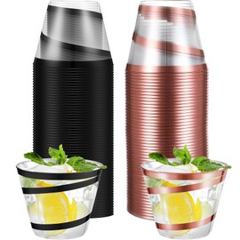 Gejoy 100 Pcs 9 oz Rimmed Swirl Plastic Cups Disposable Wine Cups Hard Plastic Drinking Cups Clear Cups Elegant Wedding Tumblers for Graduation Engagement Single Party Supplies(Rose Gold, Black)