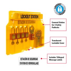 Master Lock 1482BP410 Covered Lockout Tagout Station with 4 Zenex Thermoplastic Padlocks , Yellow