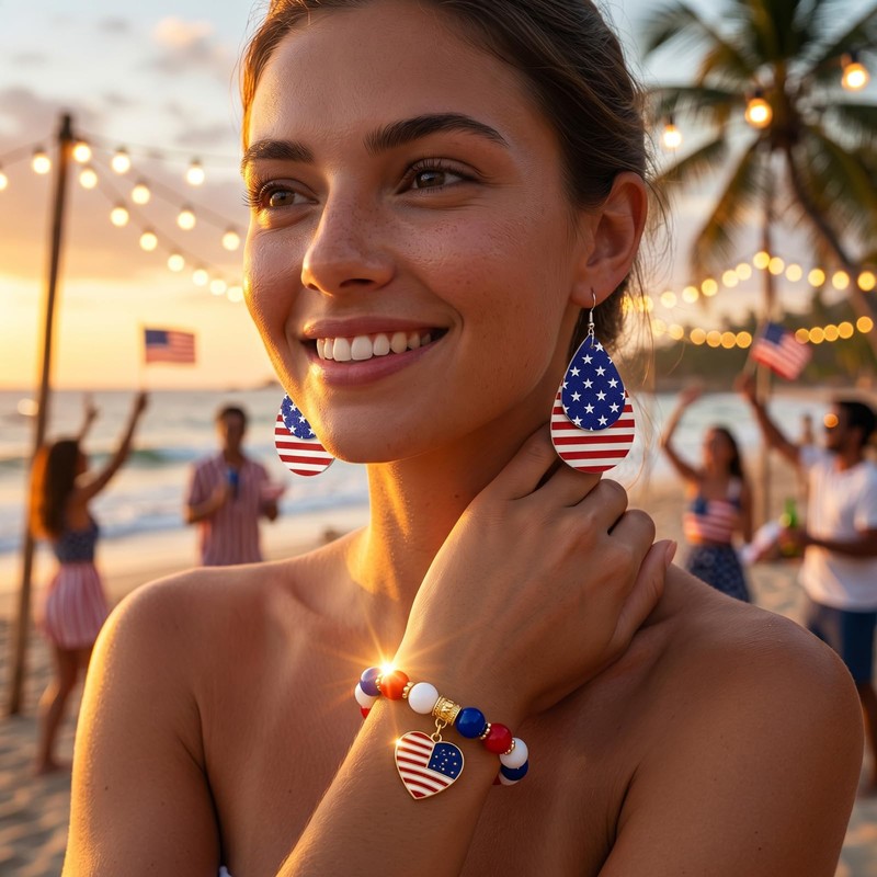 Patriotic 4th of July Flag Earrings Bracelet Set for Women