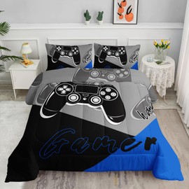 Axolotl Boys Gamer Comforter Bedding Set Full,Game Console Bedding Set Gamepad Comforter Set for Kids Teens Game Controller Comforter Black Blue Quilt Video Game Room Decor 1 Comforter 2 Pillowcase
