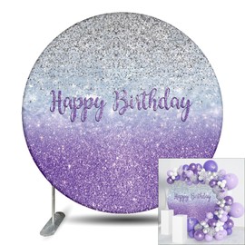 Renaiss Purples Happy Birthday Round Backdrop Cover 7.2 ft Polyester Fabric Shiny Purples and Silver Sequins Circle Photo Background for Gorgeous Happy Birthday Party Decorations