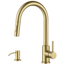FORIOUS Gold Kitchen Faucet with Pull Down Sprayer, Modern Single Hole Kitchen Sink Faucet with Soap Dispenser, Deck Plate, Single Handle, High Arc Stainless Steel for RV Bar Farmhouse Laundry