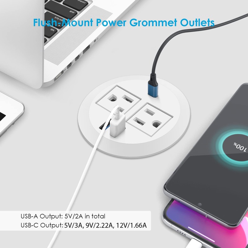 Jgstkcity 2-in-1 Desktop Power Grommet with USB-C Output, 125V, 12A,