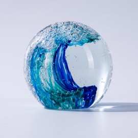 QIANCHANG Blue Wave Blown Glass Figurines Collectibles Sea Glass Crystal Art Ocean Wave Paperweight Home Office Decor Gift(3.15in)