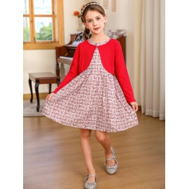 BONNY BILLY Clothing Sets for Girls 2-Piece Long Sleeve Cardigan + Sleeveless Floral Pattern Dress, Red Set