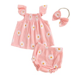 Baby Girl Daisy Outfit Smocked Tunic Shirt Ruffle Bloomer Shorts Set Cute 2Pcs Newborn Summer Clothes 0 3 6 12 18Months (Pink Linen, 0-3 Months)