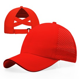 CHUANGLI Girls Criss Cross Ponytail Hat Reflective Lightweight Baseball Cap Kids Quick Dry Mesh Sports Hat for Age 7-12 Years, Red (watermelon), Unit size