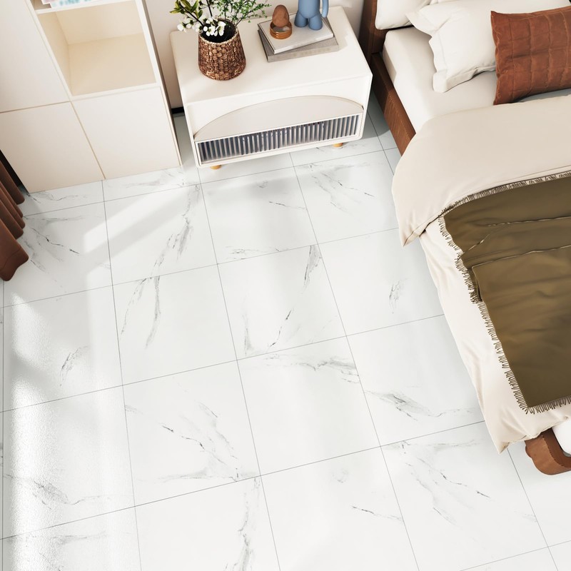 Wallderful White Peel and Stick Floor Tile Waterproof Marble Vinyl