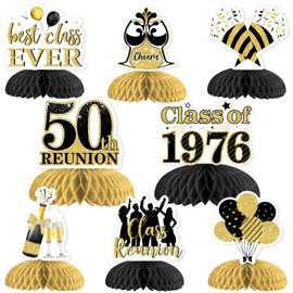 JOYMEMO 8Pcs 50 Year Class Reunion Honeycomb Centerpieces, Black and Gold 50th Reunion Decorations Table Centerpiece, Double-sided for Class of 1976 High School Reunion Welcome Back Party