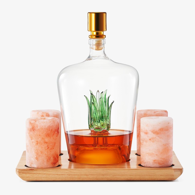 Tequila Decanter With Four Pink Himalayan Salt Shot Glasses Set,