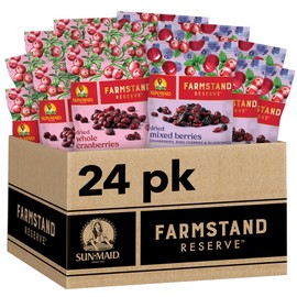 Sun-Maid Farmstand Reserve 24 Count Variety Pack - 0.8 oz Snack Bag – (12) Whole Dried Cranberries and (12) Dried Mixed Berries