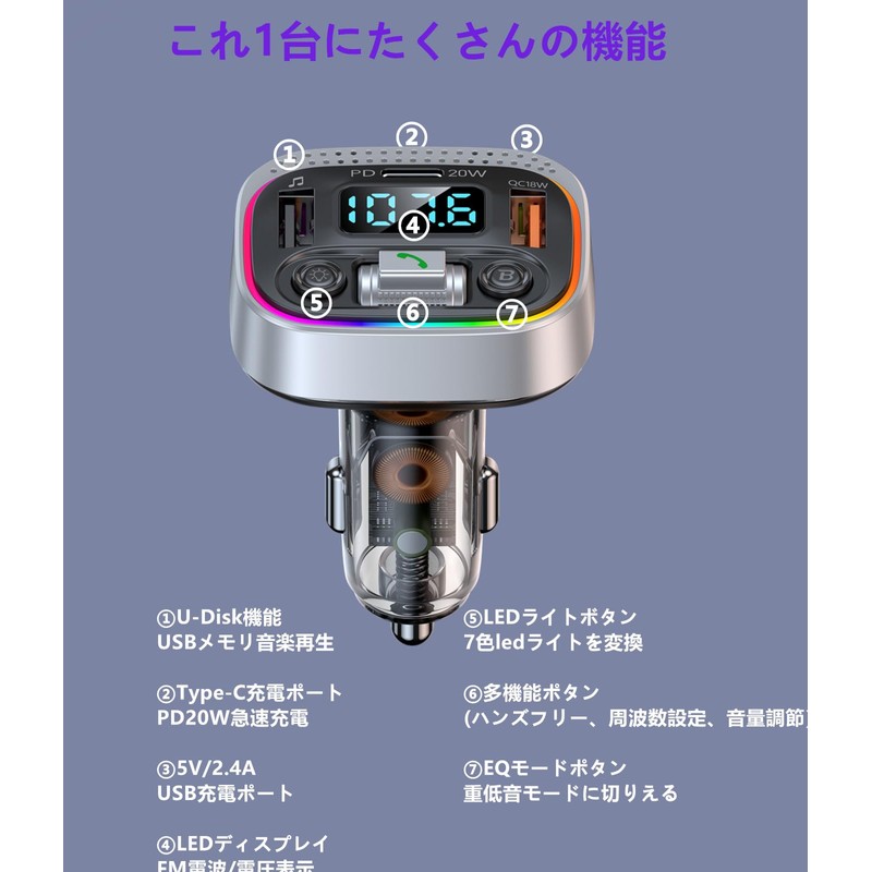 FM Transmitter, Bluetooth Car FM Transmitter, PD20W + QC3.0 Fast