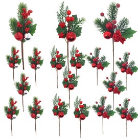 Christmas Floral Picks - 18 Stems with Berry Clusters - Frosted Berries Stars Apple and Snow Tipped Greenery with Holly Leaves - 9.75" L