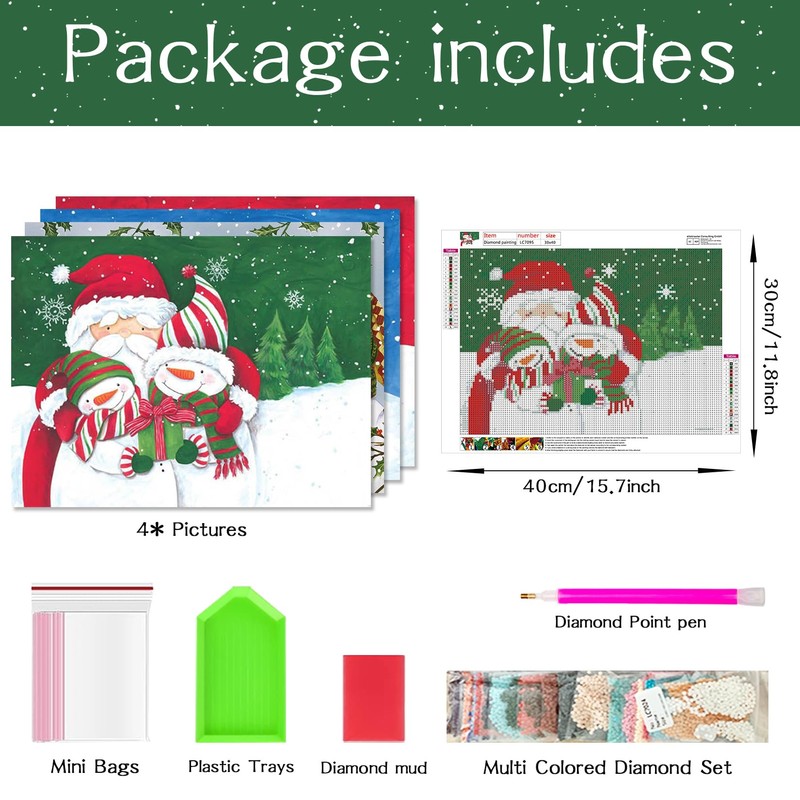 Pack of 4 Diamond Painting Christmas, 5D Diamond Painting Snowman,