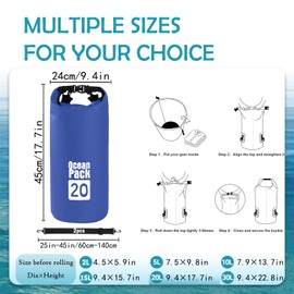 Dry Bag 20L, Boat Dry Bags Blue Waterproof Bag Dry Sack Roll Top Long Adjustable Shoulder Strap 2L/5L/10L/20L/30L/40L for Drifting Boating Kayaking Fishing Rafting Swimming Camping Canoeing Surfing