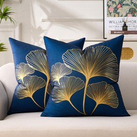 Gold Ginkgo Navy Blue Throw Pillow Covers Cozy Decorative Cushion Covers 18x18 Velvet Leaf Pattern Square Nature Pillowcase Set of 2 for Modern Home Decor Bedroom Living Room Sofa Bed