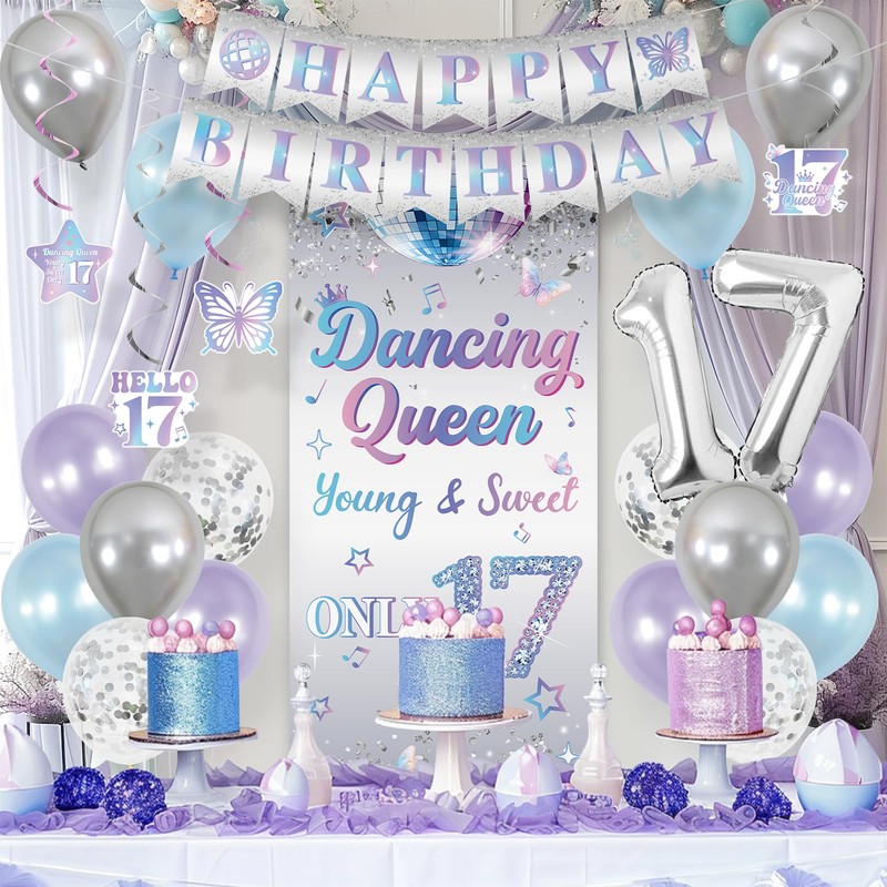 Holkcog Happy 17th Birthday Decorations for Girl, Silve Dancing Queen