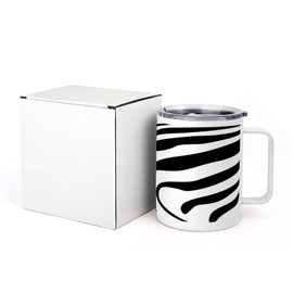 Lunarable Zebra Print 10 Oz Steel Mug, Animal Skin Pattern Nature and Desert Life Theme Simplistic Illustration, Vacuum Insulated Leak-resistant Cup for Outdoor Hiking and Picnics, Black and White