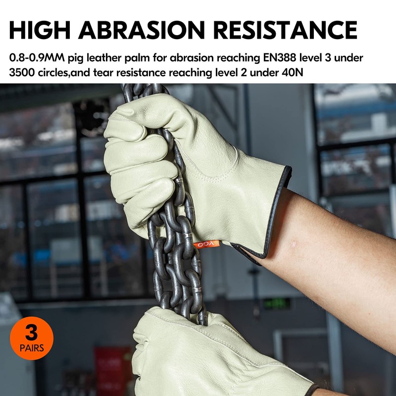 Vgo... 3 Pairs Genuine Pigskin Leather Work Gloves for Light