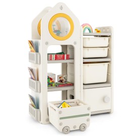 KOTEK Kids Bookshelf and Toy Storage Organizer, Multipurpose Bookcase with Mobile Trolley, Side & Middle Shelves, Storage Cabinet & 3 Bins, Children Toy Box for Playroom, Bedroom, Classroom, Nursery